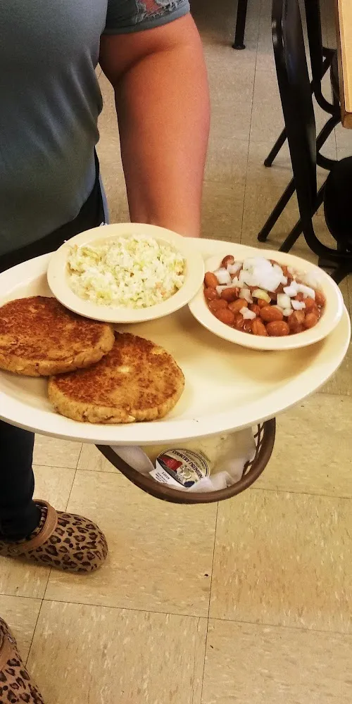 Salmon Cake Pinto Beans and Cole Slaw