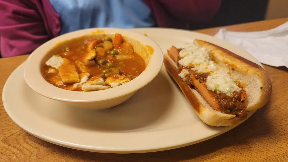 Vegetable Soup & Hotdog with Chili & Slaw